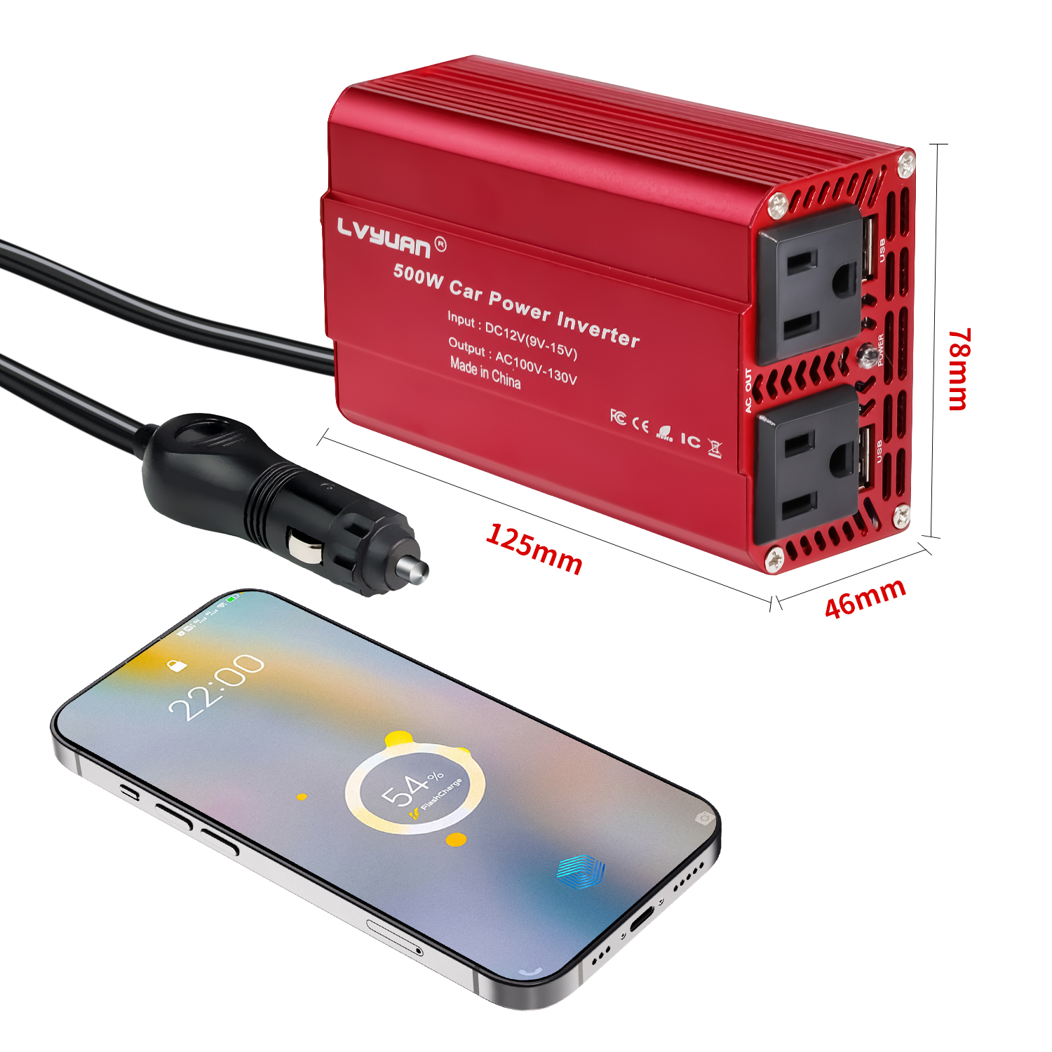 EFFORTWAY 500 Watts Power Inverter Car Converter DC 12V to AC 110V 120V Adapter Battery Charger for Car 2AC 2USB Red