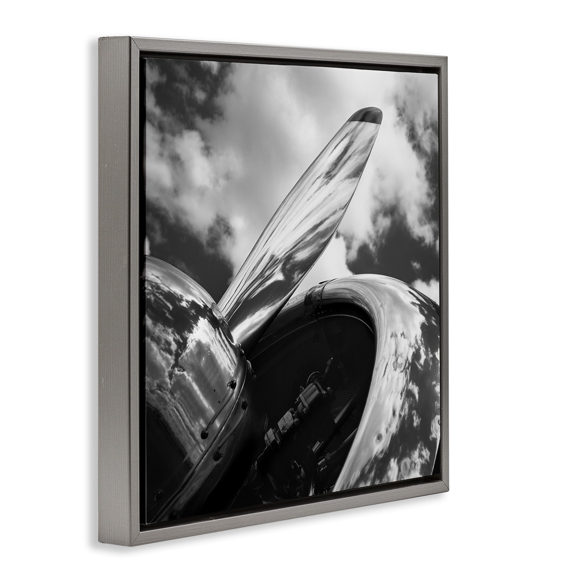 Stupell Industries Propeller with Cloud Reflection Transportation Photography Gray Floater Framed Canvas Art Print Wall Art, 18 x 18