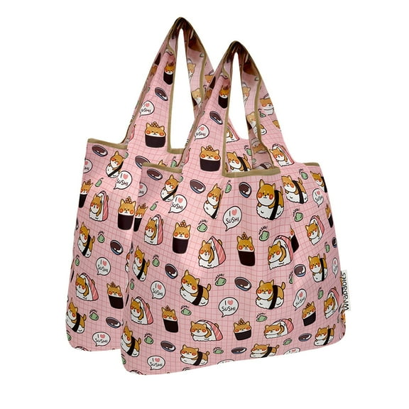 Wrapables Medium Foldable Tote Nylon Reusable Grocery Bag (Set of 2), Doggy Sushi