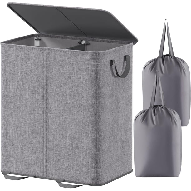 Lifewit Double Laundry Hamper with Lid and Removable Laundry Bags, Large Collapsible 2 Dividers Dirty Clothes Basket with Handles for Bedroom, Laundry Room, Closet, Bathroom, College, 136L Black