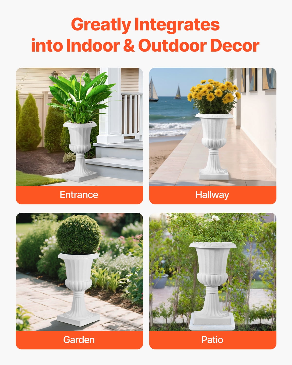 VEVOR Plastic Urn Planters, 15.8 x 26.4 Inch, 2 Pack White Classic Flower Pots Front Porch Planters, Indoor & Outdoor Vase for Wedding, Party, Event, Home, Stage, Garden, Balcony, Patio Decoration