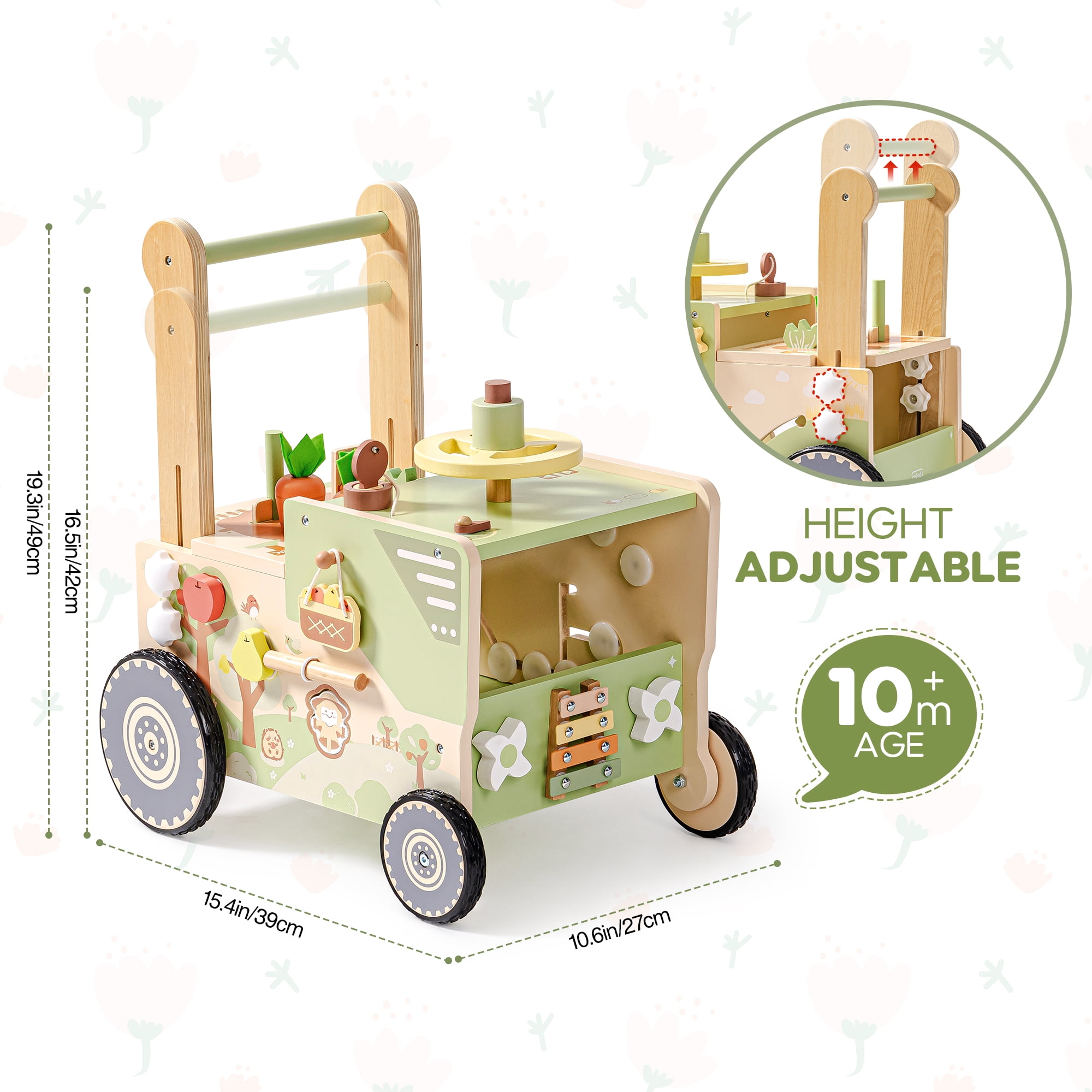 Robud Wooden Baby Walker for 10+ Months, Adjustable Speed & Height Learning Push Toy Montessori Activity (Rustic Farm Adventure Theme)