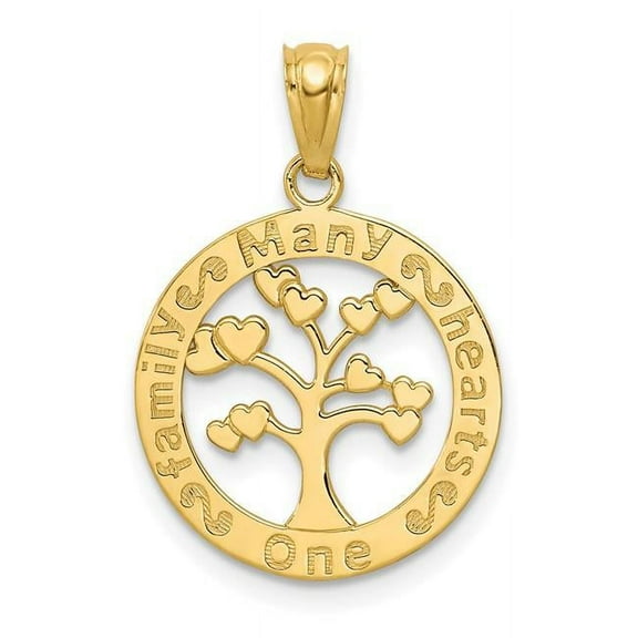 14k Yellow Gold Solid Textured Polished Finish ONE FAMILY MANY HEARTS Tree of Life Charm Pendant