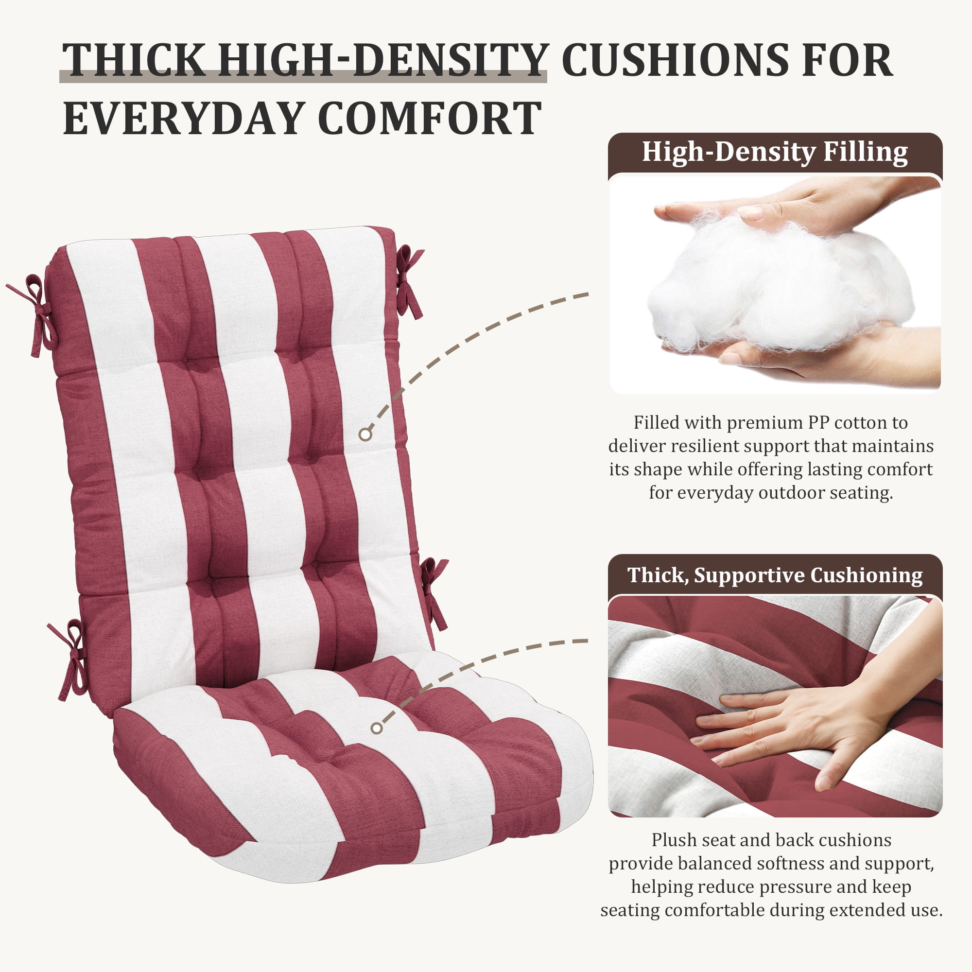 FUNDAZE Outdoor Chair Cushion, 47"L x 19.9"W 1 Piece Cushion W/ Ties for Indoor Outdoor Rocking Chairs, Red & White