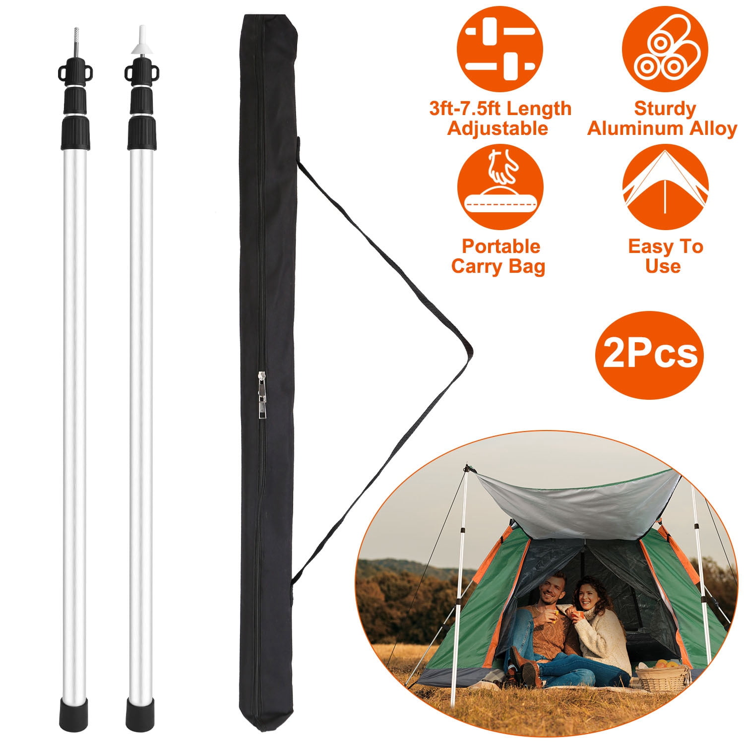 iMounTEK Aluminum Adjustable Camping Tarp Poles, Set of 2, 36.690.6in