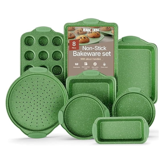 BAKKEN Kitchen Baking Pan Set - Nonstick Green Marble Coating, Carbon Steel Bakeware Sets with Green Silicone Handles, KitchenSet of 8