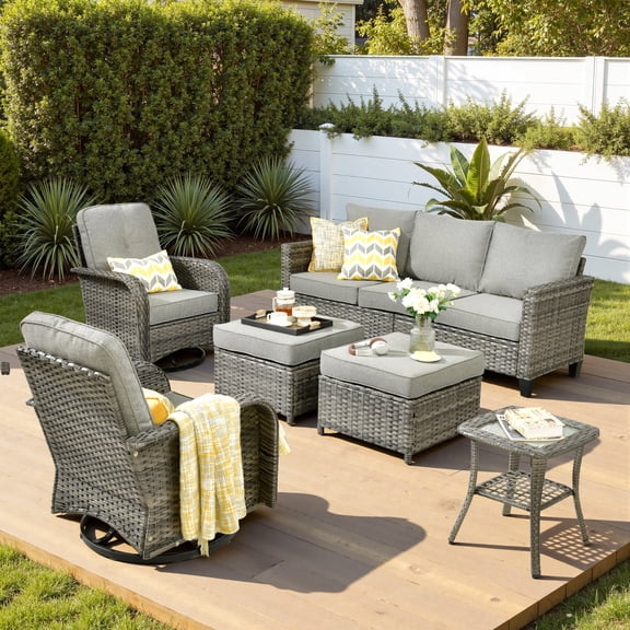 Ovios 6 Pieces Outdoor Patio Furniture Set All-Weather Wicker Rattan Sectional Sofa with Swivel Chairs Ottomans Side Table