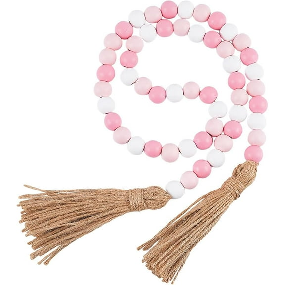 42 Inch Wood Bead Garland Decor Rustic Country Farmhouse Boho Home Pink White Wooden Beads Tassel Wall Hanging Ornaments for Coffee Table Wall Shelf Tray Vase Living Room Bedroom