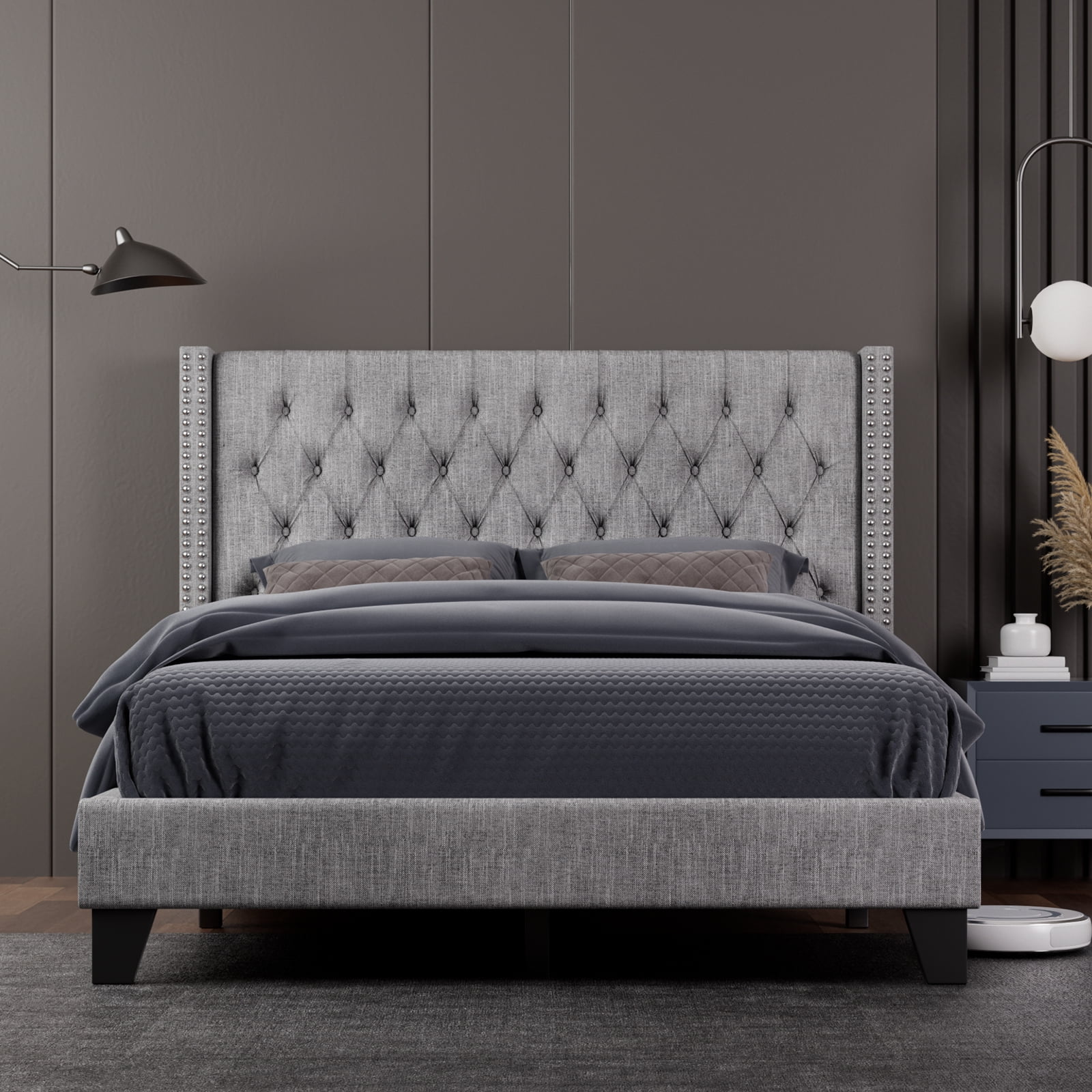 Nathaniel Home, Fabric Linen King Bed Frame, with Tufted Upholstered Headboard, Nailhead Button Platform Bed Frame for Bedroom, Gray