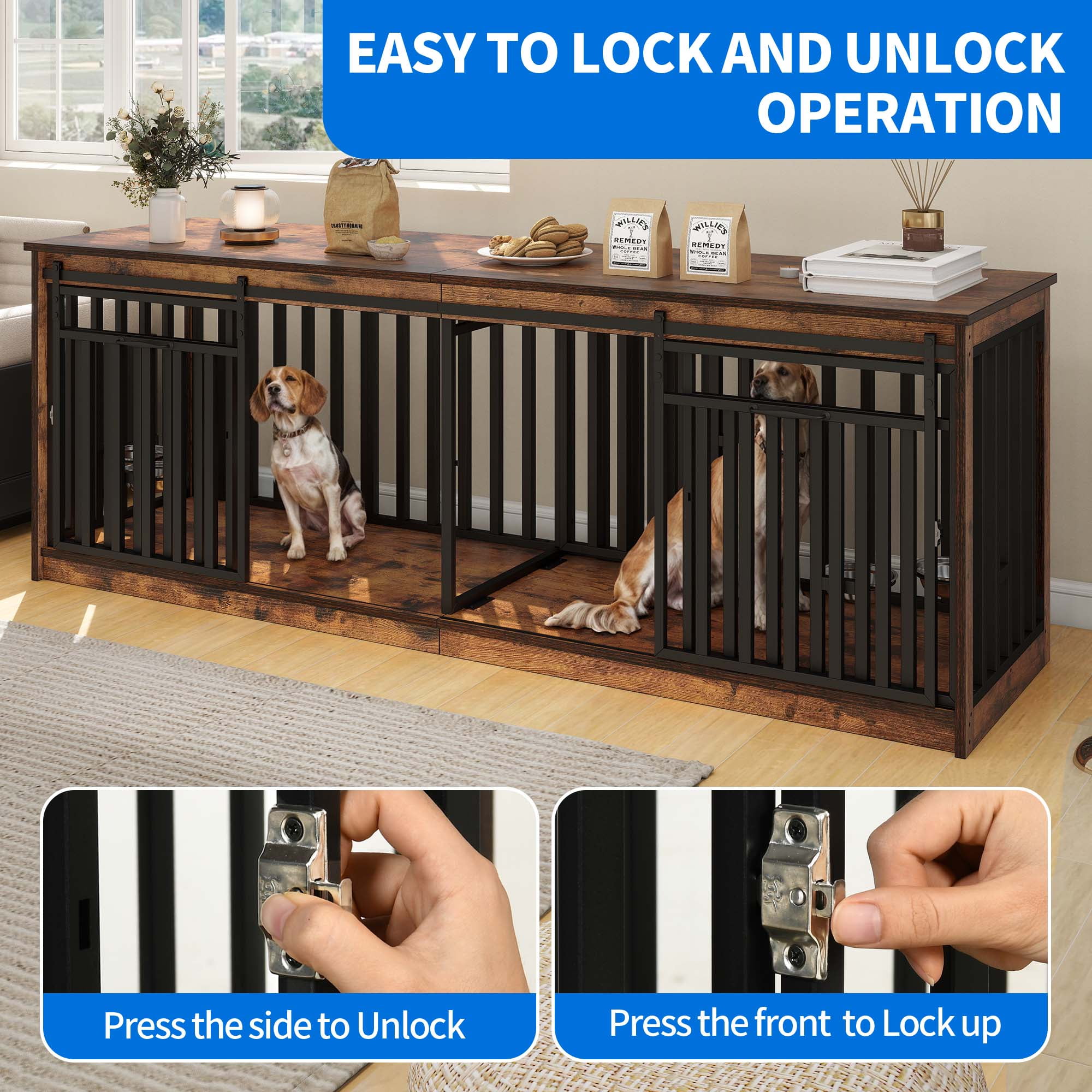 Dextrus Wooden Large Double Dog Crate Furniture for 2 Dogs with 2 Sliding Door, 86.6 in Wood Dual Dog Kennel TV Stand, Rustic Brown
