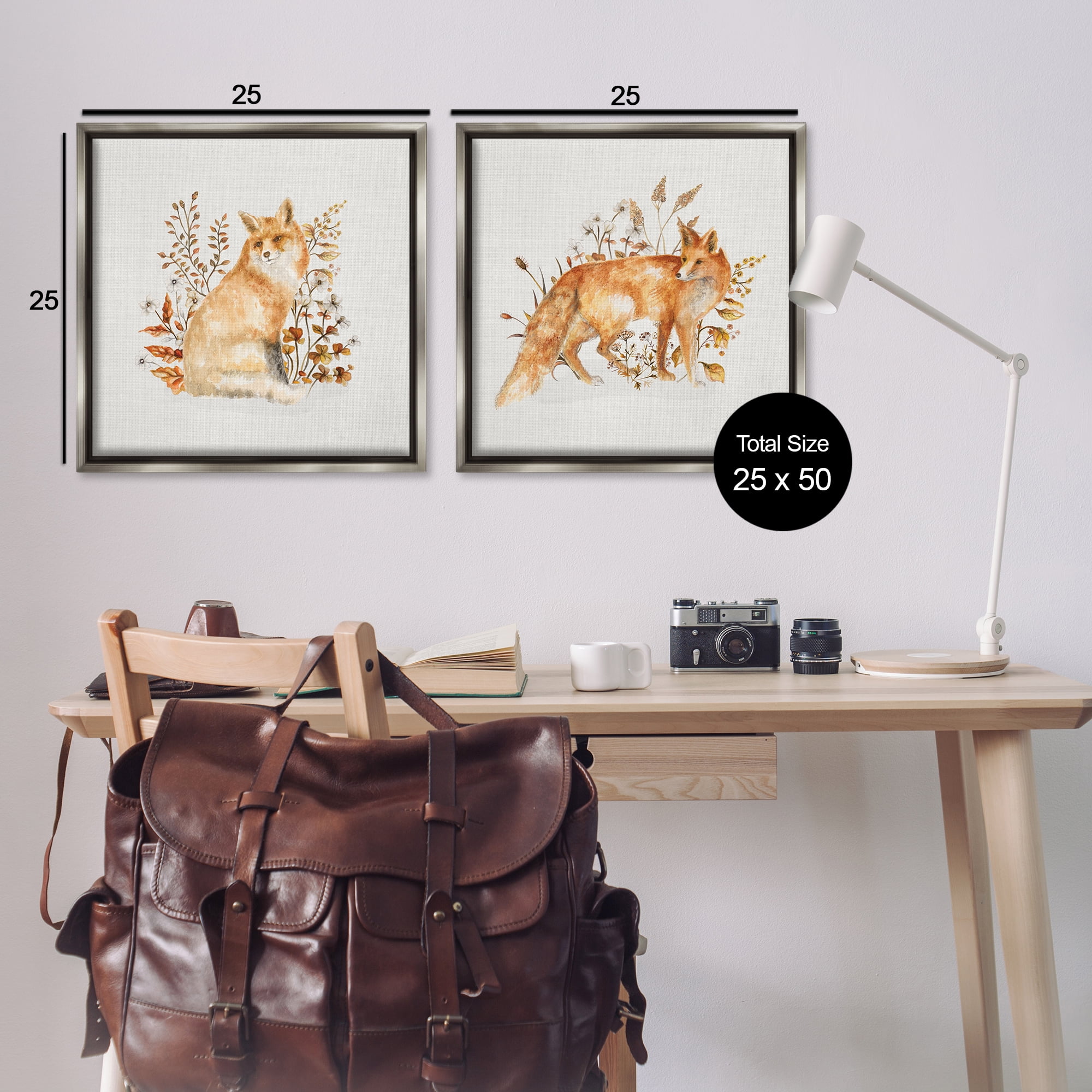 Stupell Industries Fluffy Red Fox Autumn Leaves Animals Painting Gray Floater Framed Canvas Art Print Wall Art, 25 x 25, Set of 2