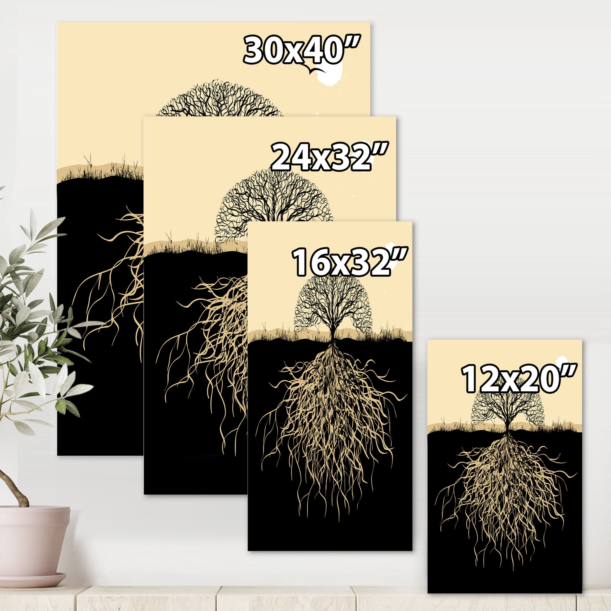 Designart ' Tree Silhouette With Underground Roots ' Traditional Canvas Wall Art Print