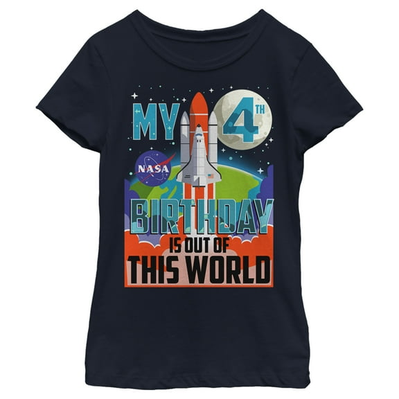 Girl's NASA My 4th Birthday Is Out Of The World Poster  Graphic Tee Navy Blue X Small
