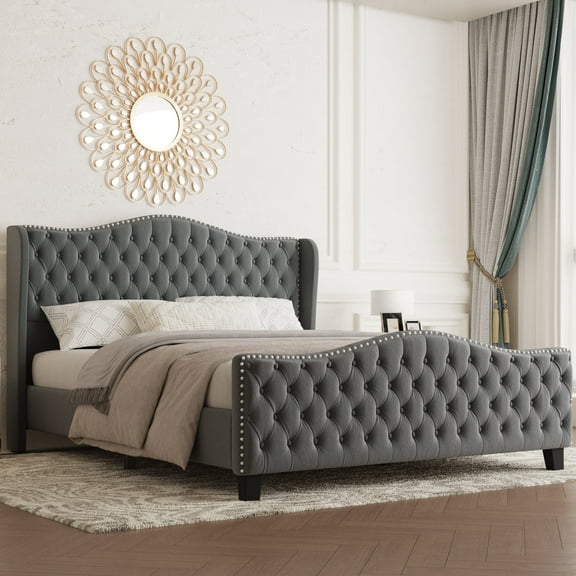 VIPLOV King Size Bed Frame with 51-inch Tall Camelback Headboard & Wingback, Deep Button Tufted Footboard with Nailhead Trim, Dark Gray