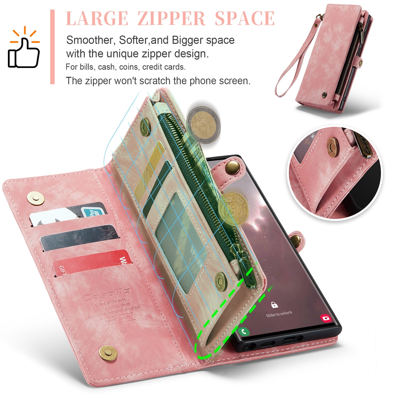 Feishell Durable 2- In-1 Magnetic Detachable Wallet Case for Samsung Galaxy S24 Ultra,for Women Men,Premium PU Leather Zipper Pocket Flip Multi Card Slots Purse Phone Case with Wrist Strap,Pink