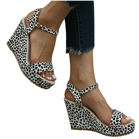 

SHENGXINY Women s Sandals Woman Leopard Hemp Bottom Ladies Flat Platform Shoes Summer Casual Pu Buckle Strap Sandal Female Plus