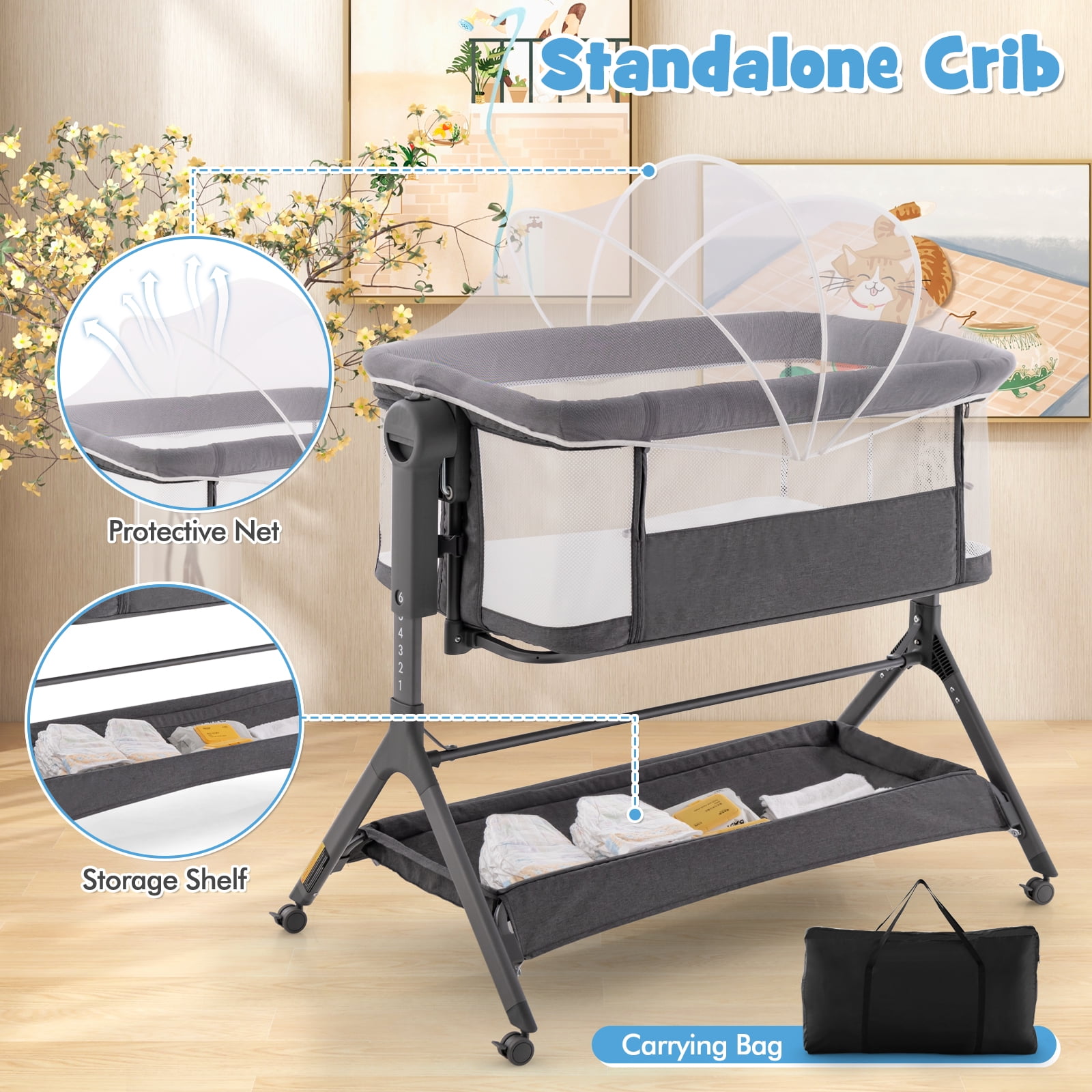 Costway Height Adjustable Bedside Sleeper Baby Crib with Storage Bag 0-6 Months Gray