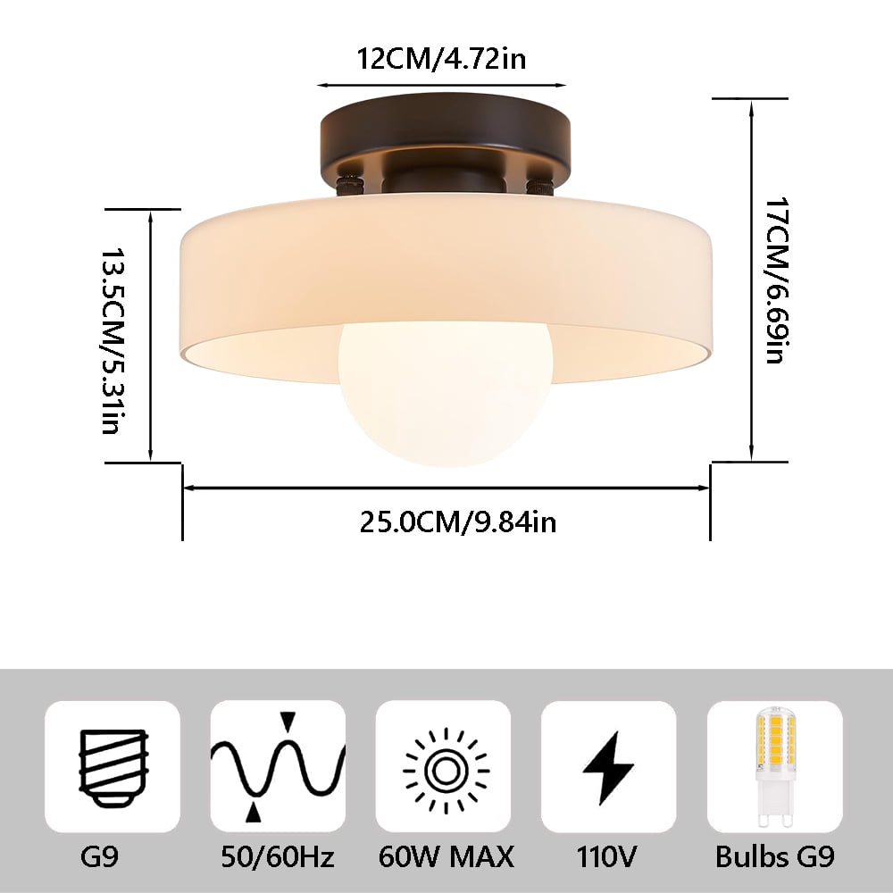 Mid-Century Modern Semi Flush Mount Ceiling Light, Kitchen Ceiling Light Fixture with Glass Shade,Vintage Close to Ceiling Lamp for Entryway Hallway Bathroom