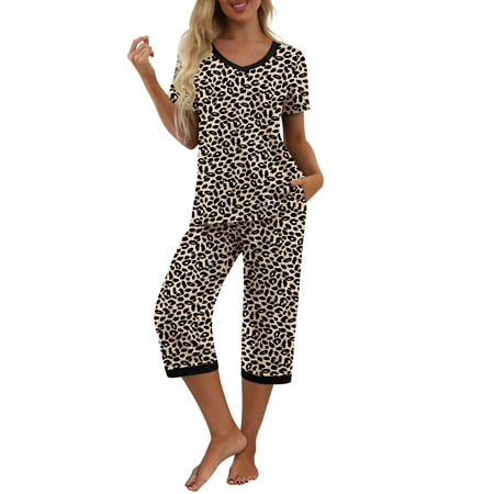MINTREUS Women s Pajama Sets Short Sleeve Shirt and Capri Soft Pajama Sets with Pockets Size 2XL