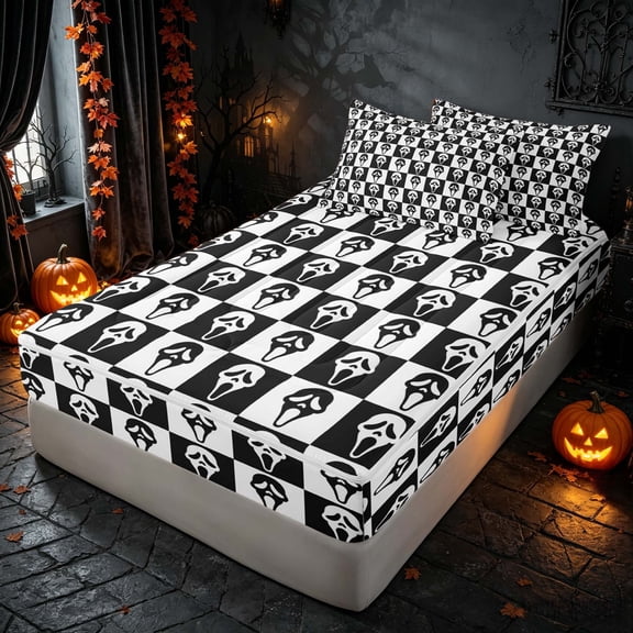 Homewish Ghost Face Checkered Zipper Twin Comforter Sets with Fitted Sheet and 2 Pillowcases, Halloween Spooky Grid Zipper Bedding Set, Black White, Black Reversible