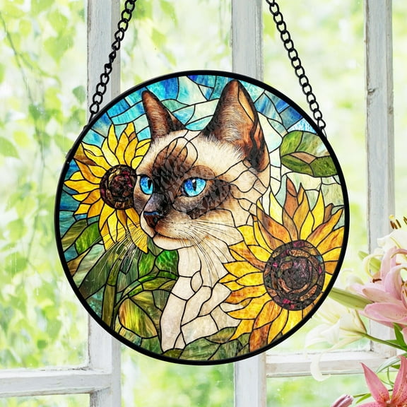 Siamese Cat Stained Glass Suncatcher, Cat Lover Suncatcher, Sunflower Window Hanging, Pet Owner Gift Panel Decor
