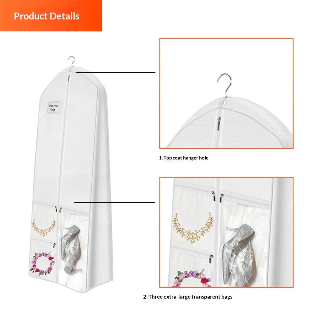 Portable 70" Wedding Dress Garment Bag with Bride Tote Bag 8'' Gusseted Dress Bags for Gowns Long Dress Cover for Women, White