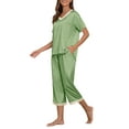 thumbnail image 3 of MINTREUS Women's Pajama Set Short Sleeved V-Neck Pajama Silk 2-Piece Set Capris Women's Satin Pajama Set Casual Clothing, 3 of 6