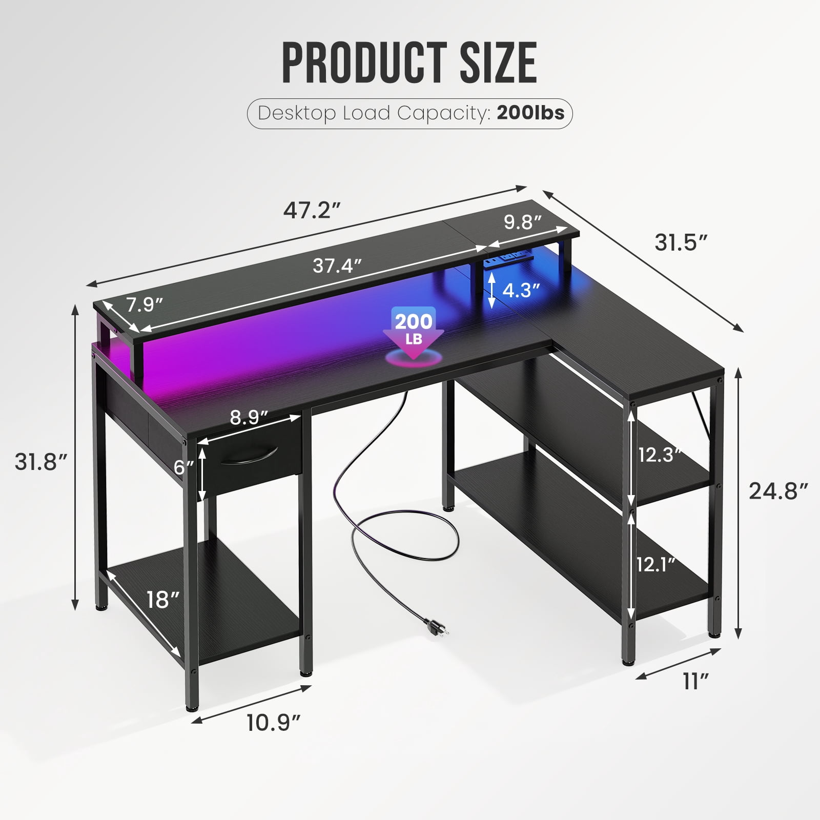 Sweetcrispy 47" L Shaped Computer Gaming Desk with USB Charging Ports & LED Lights, Reversible Corner Table with Power Outlets Monitor Stand for Home Office, Black