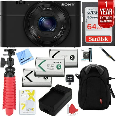 Quick Shot Plus Bundle Sony Cyber-Shot DSC-RX100 Digital Camera with 1 Year Extended Warranty Plus 64GB Triple Battery Bundle ()