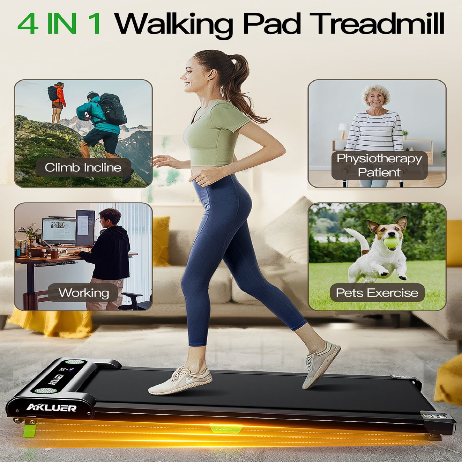 Akluer Walking Pad With Incline, 2.5 HP Under Desk Treadmill For Home, Small Treadmill With LED Display & Remote Control