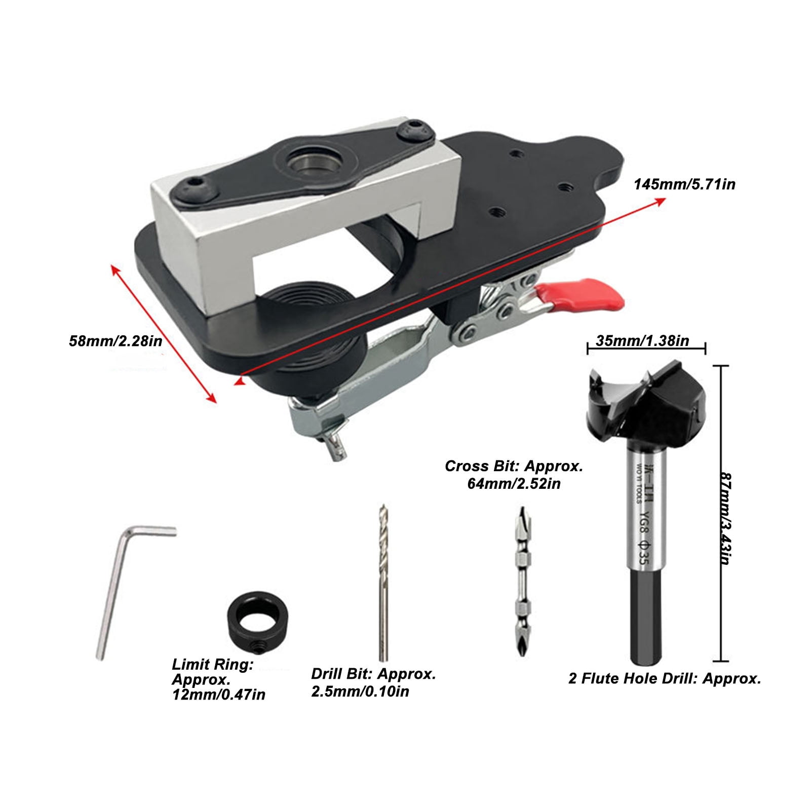Rupoun Concealed Door Hinge Jig 35mm Aluminum Alloy Adjustable Double Cleat Hole Drilling Tool Set for Woodworking Cabinet Installation Includes Hex Wrench Limit Ring & Drill Bits (1.38 lbs / 626 g)