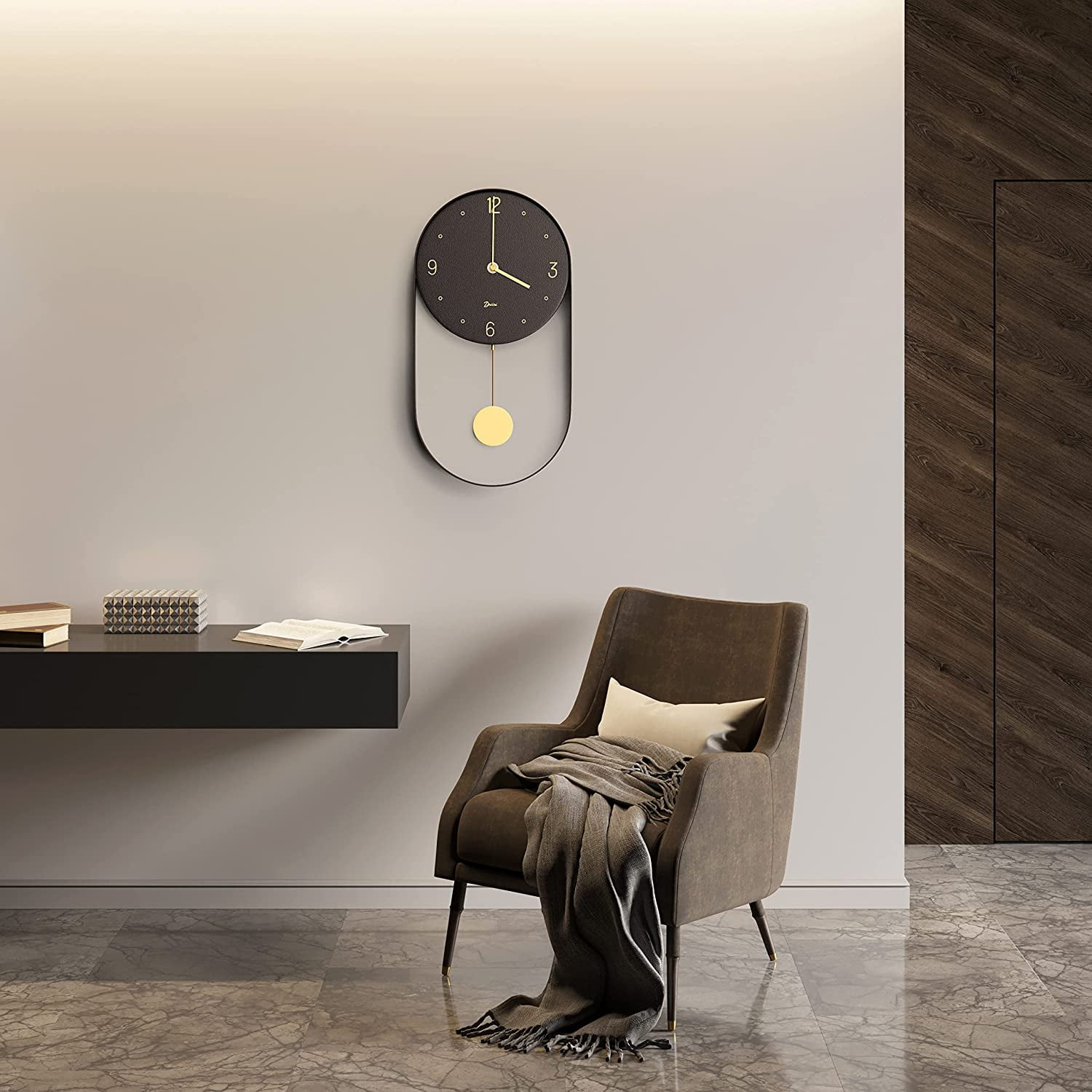 Driini Modern Pendulum Wall Clock - Decorative and Unique Metal Frame, with 8 Inch Face - Contemporary, Minimalist Design, with Silent Battery Operation - Includes Both Black and Gold Pendelum