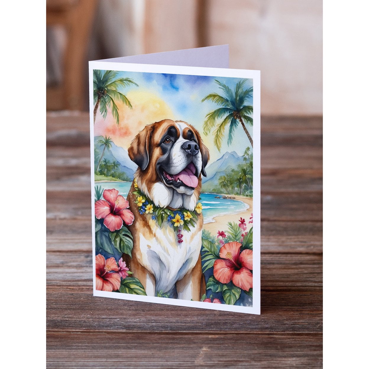Saint Bernard Luau Greeting Cards Pack of 8 7 in x 5 in