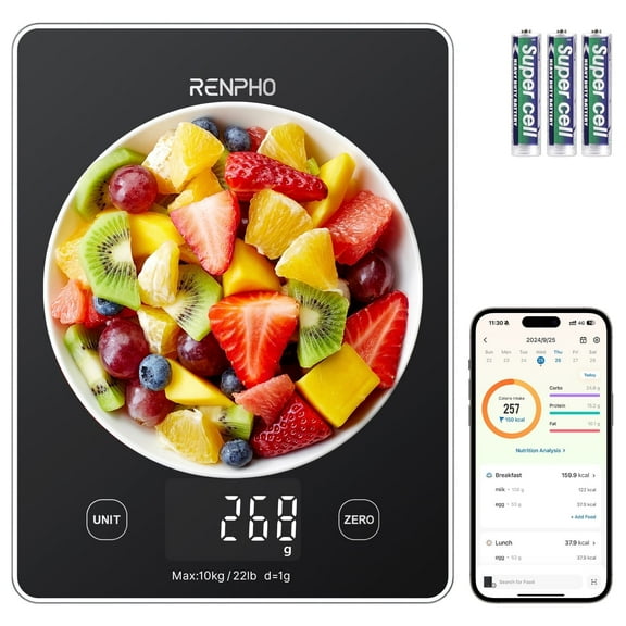 RENPHO Smart Food Scale, Digital Kitchen Scale with Nutritional Calculator, Gram Scale for Weight Loss, Baking and Cooking, Keto Macro Diet, Black Glass, 22lb