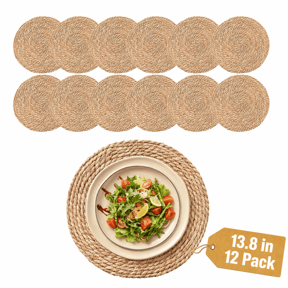 12-Pack Round Woven Placemats — 13.8" Boho Rattan Chargers for Dining Table, Straw Braided Place Mats for Farmhouse & Wedding Decor