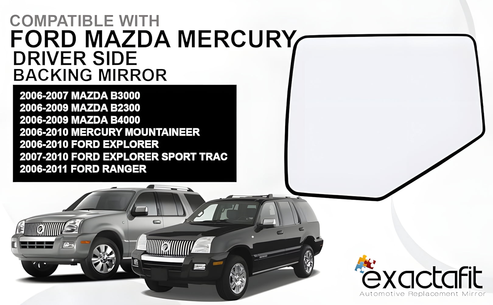 Rugged TUFF Driver Side Mirror Glass for Ford Explorer, Ranger, Mazda B2300, B3000, B4000, Mercury Mountaineer