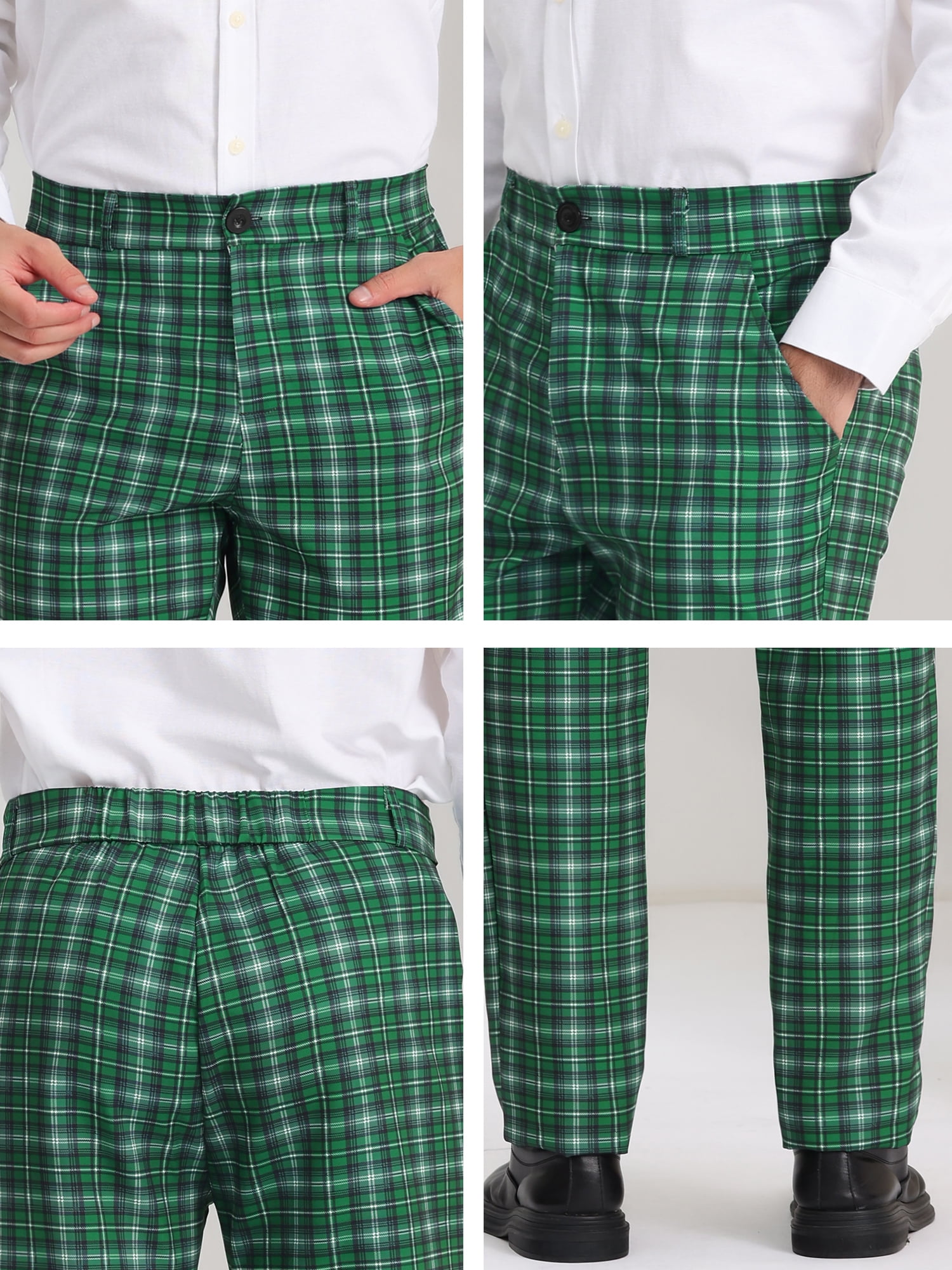 Unique Bargains Men's Checked Suit Pants Flat Front Elastic Waist Plaid Pants 32 Dark Green