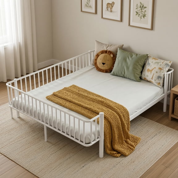 Queen Size Metal Daybed, Sturdy Steel Slat Support Daybed Sofa with Modern Design, Space-Saving Multi-Functional Bed Frame, No Box Spring Needed for Guest Room, White