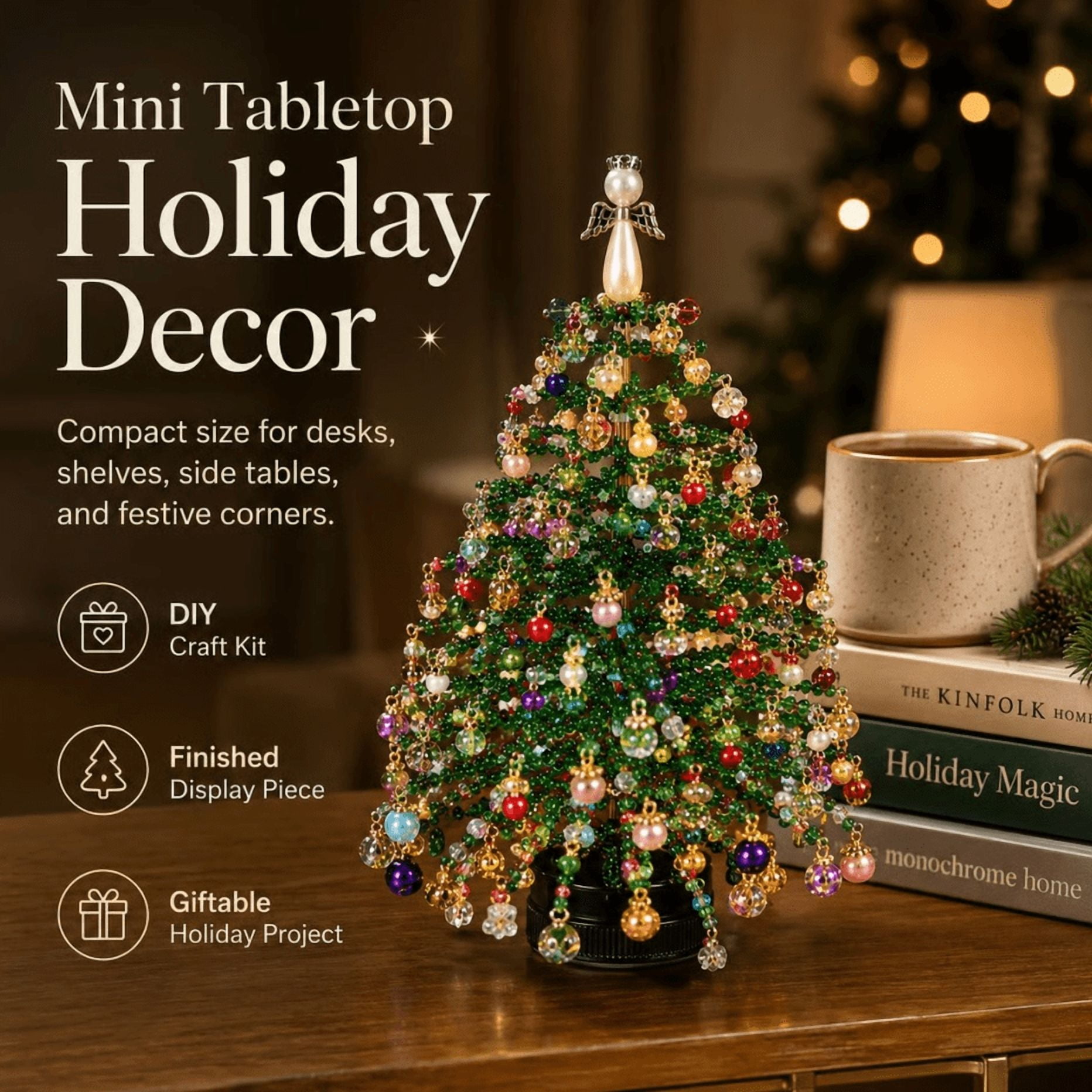 DIY Beaded Christmas Tree Kit – Create Your Own Sparkling Holiday Decoration Relaxing DIY Craft Set for Seasonal Table Display Ornament (Christmas)