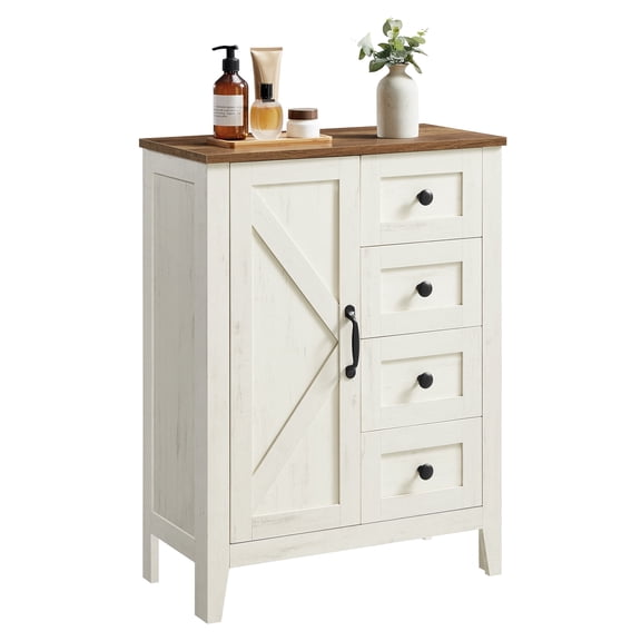 VASAGLE LIRY Collection - Storage Cabinet, Farmhouse Bathroom Floor Cabinet with 4 Drawers, Freestanding Storage Organizer, Barn Door, Adjustable Shelf, Rustic White