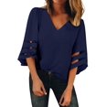 thumbnail image 1 of Women's Casual V Neck Blouse 3/4 Bell Sleeve Mesh Panel Solid Color Tops Loose Fit Shirts, 1 of 1
