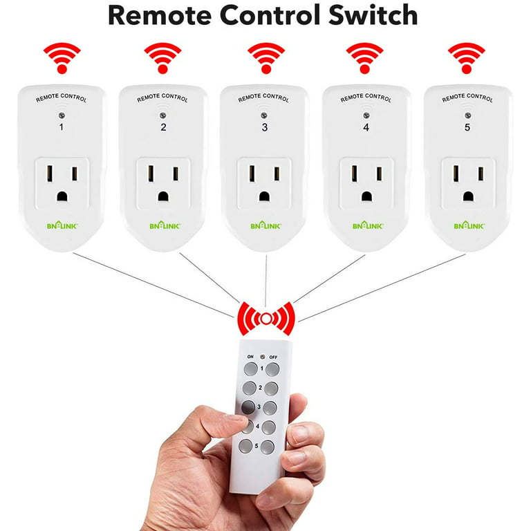 BN-LINK Wireless Remote Control Outlet with Extra Long Range, for Household  Appliances, White (2 Remotes + 5 Outlets)