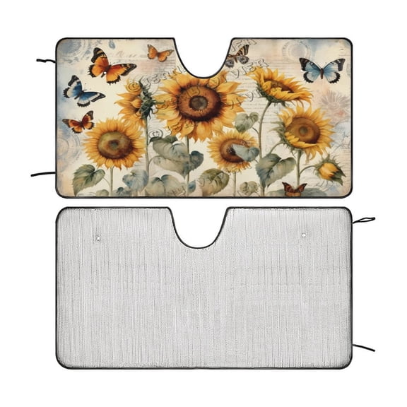 Sunflower And Butterfly Car Windshield Sun Shade Front Window Visor Sunshade Universal Fit, Protect Your Vehicle Interior. UV Sun and Heat Blocking 51"x28"