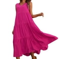 thumbnail image 1 of Vestido elegante de lino con cuello en V para mujer - Dobladillo escalonado, corte holgado, para vacaciones/casual, mezcla transpirable - Diseño de color liso, 1 of 7
