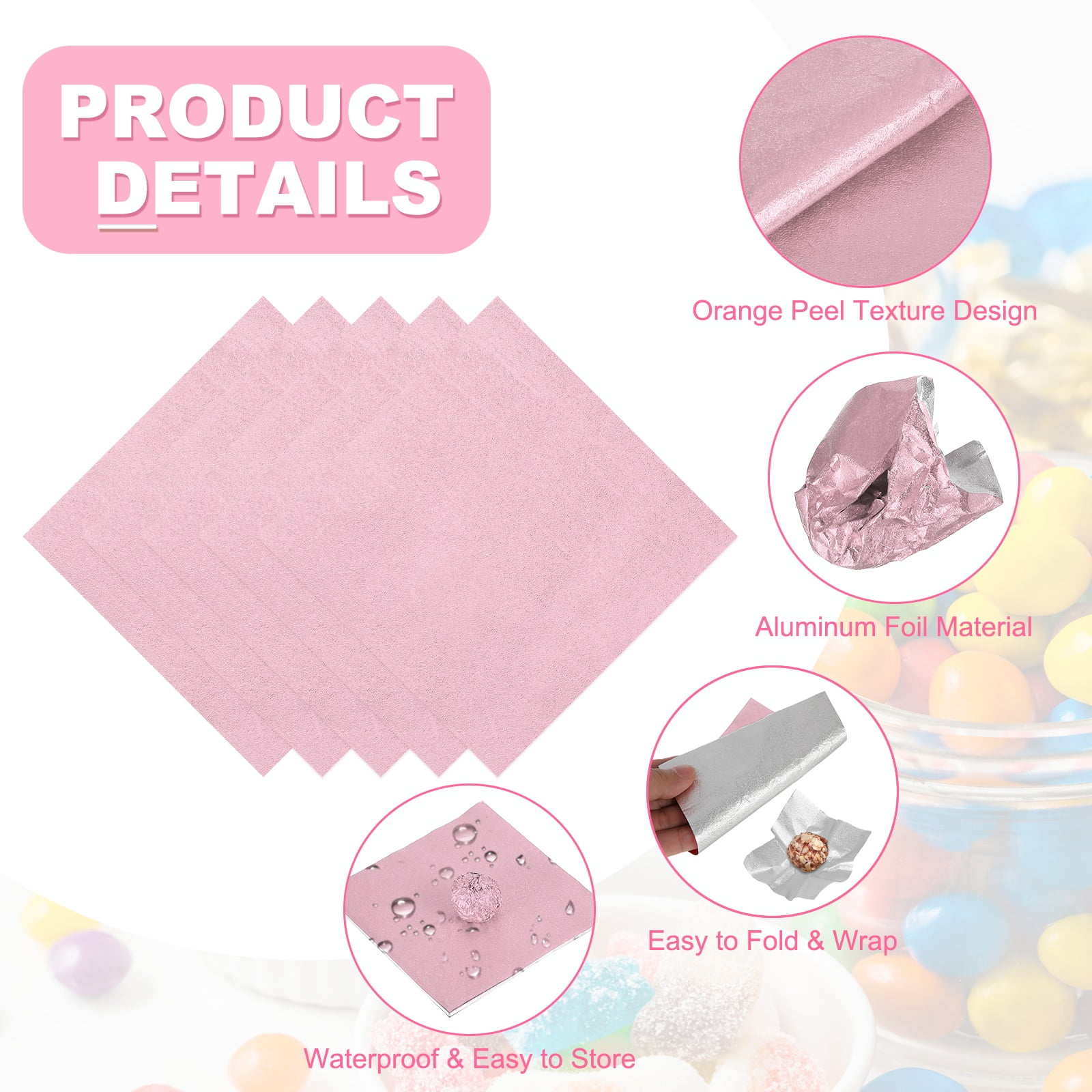 Uxcell 200 Pcs Candy Foil Wrappers, 7.87 x 7.87 Inch Aluminium Foil Chocolate Bar Square Wrappers for Tea Brownies DIY Packaging Wedding Party Decoration, Light Pink (Orange Peel)