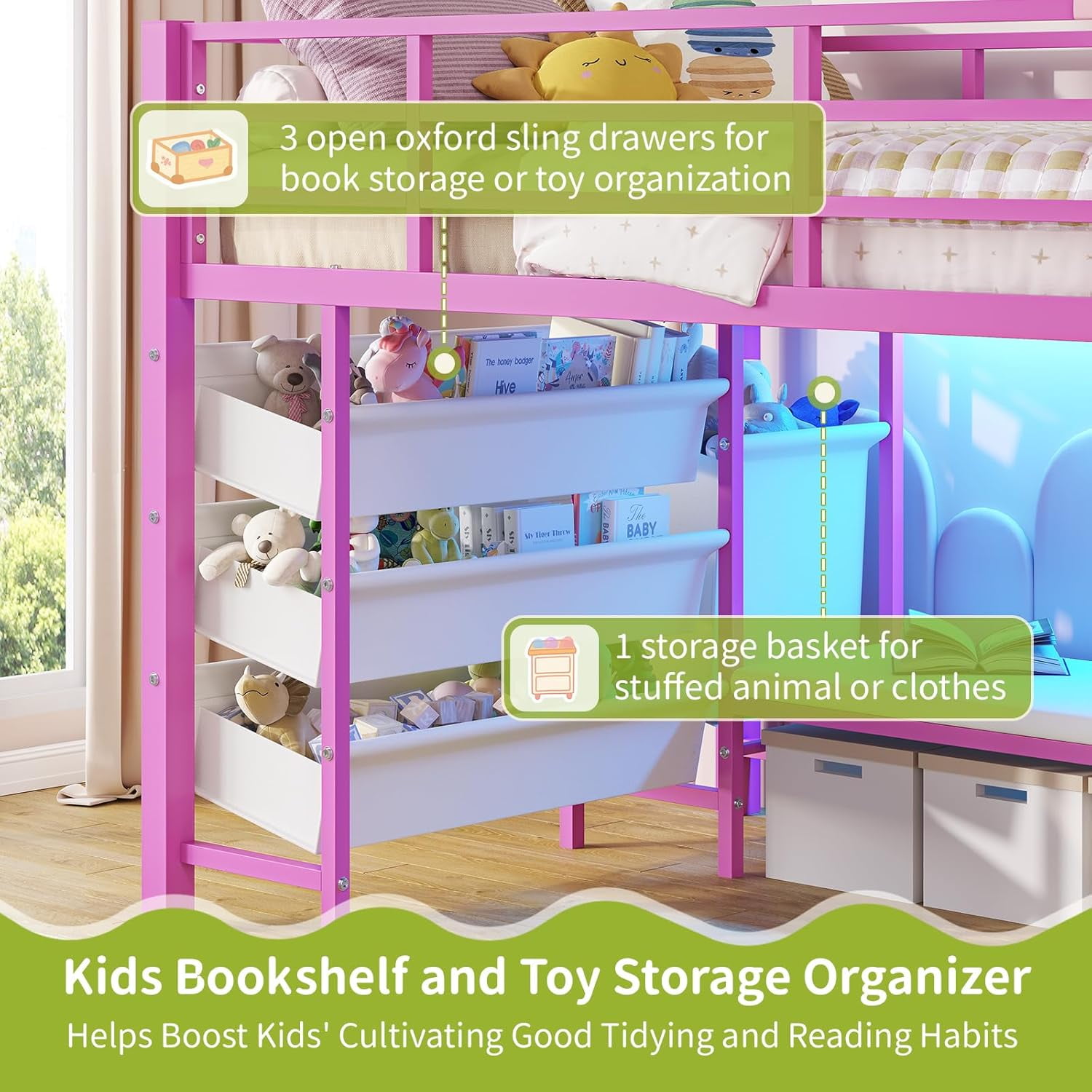 Mabor Twin Size Loft Bed with LED Lights & Reading Bench, Metal Loft Bed Frame with Bookshelf & Storage Basket & Stairs & Full-Length Guardrail for Bedroom, Pink