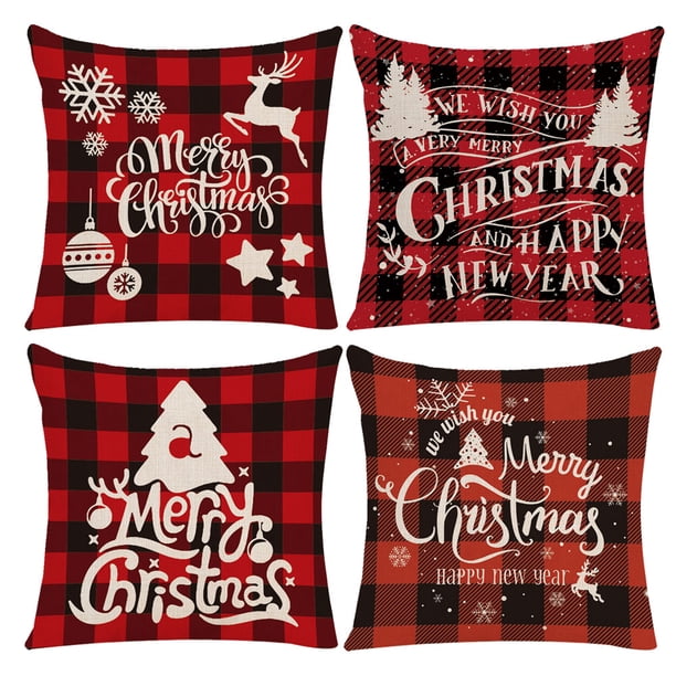 4 fundas de almohada navideñas, cojín de lino súper suave