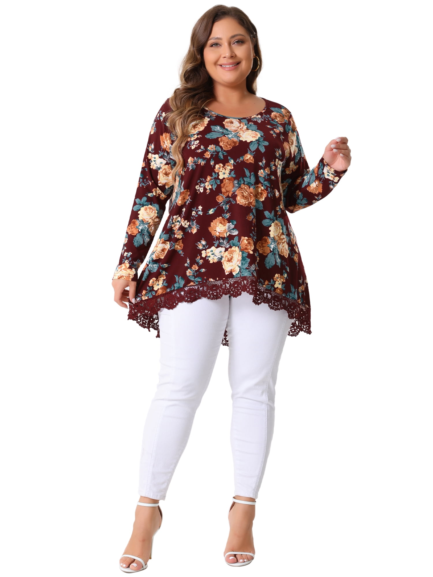 DARING DIVA Women's Plus Size Crew Neck Lace Trim A-Line Floral Blouse 4X Burgundy