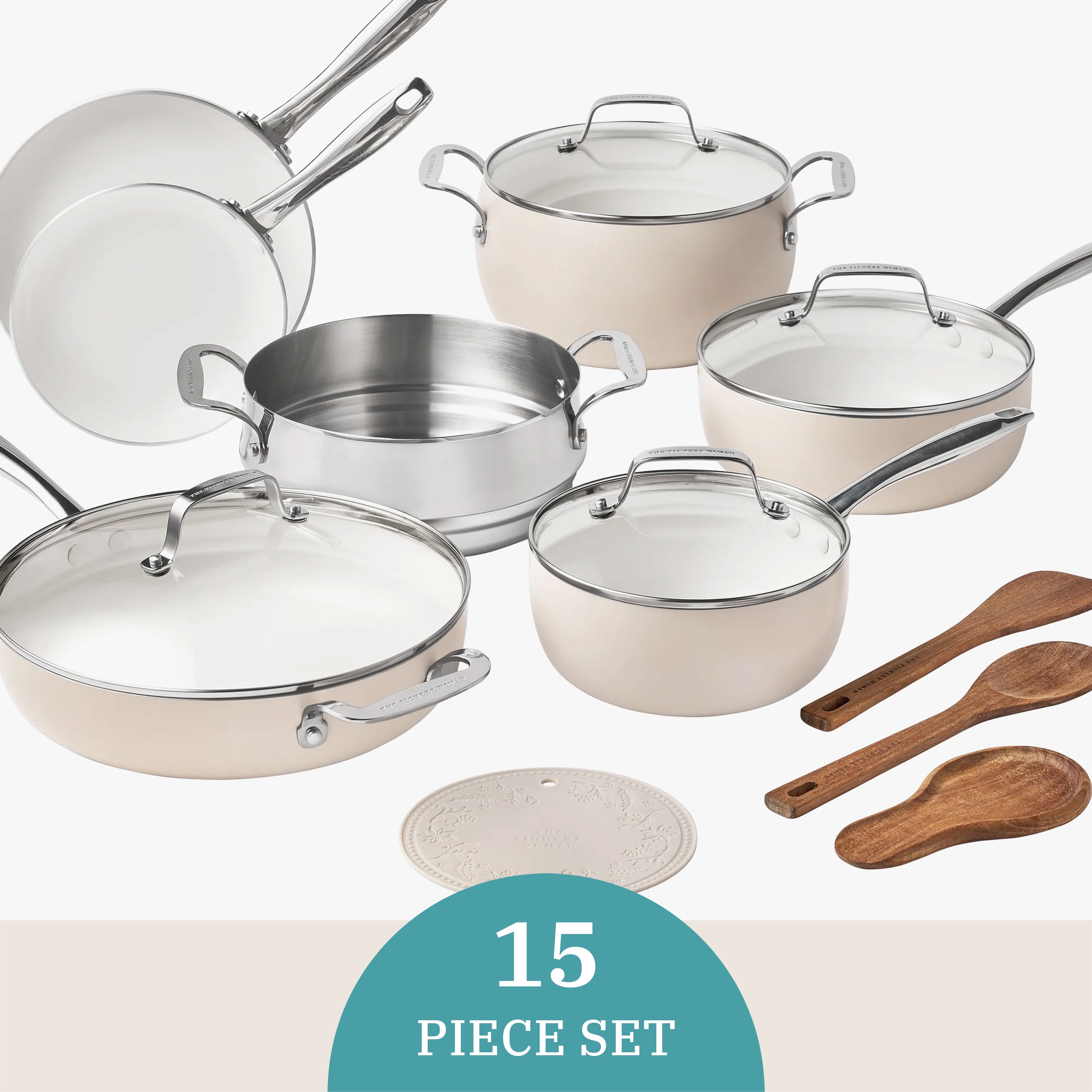 The Pioneer Woman Harlow 15-Piece Ceramic Nonstick Cookware Set, Taupe