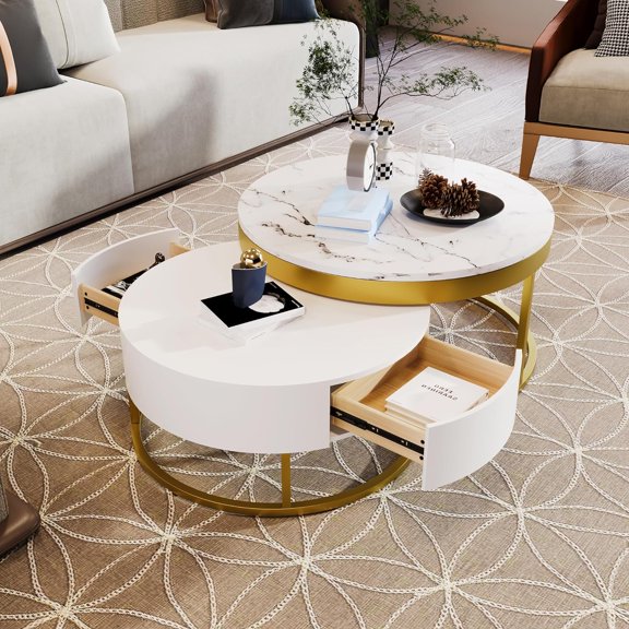 Round Nesting Coffee Table Set of 2 with Golden Frame Circular and Marble Pattern,Perfect for Living Room Apartment